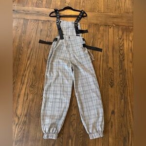 Plaid Suspender Jogger Overalls in Light Gray